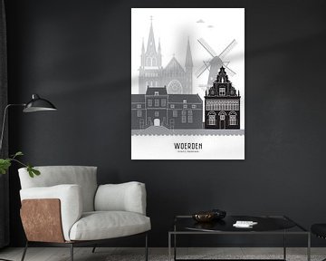 Illustration de la ligne d'horizon de la ville de Woerden noir-blanc-gris sur Mevrouw Emmer