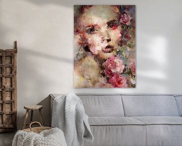 Flower Girl | Een schilderachtig portret van een mooie vrouw omringd door roze bloemen van Wil Vervenne