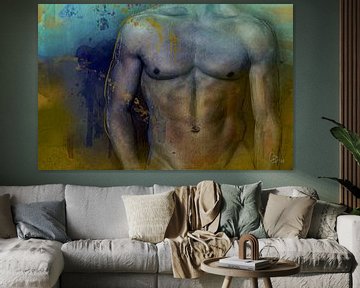 Sexy Mann in Gold und Blau (Nackter Oberkörper) von CvD Art - Kunst voor jou