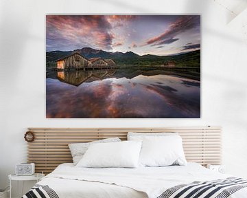 Boathouses at lake Kochelsee in Bavaria with alps. by Voss Fine Art Fotografie