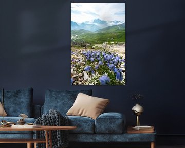 mountainous views with blue flowers