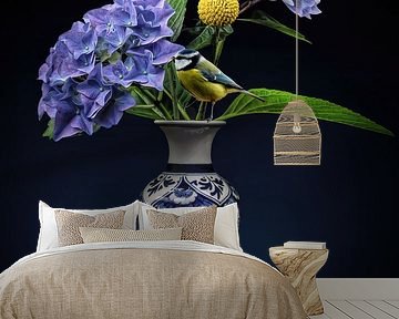 Delft blue vase with hydrangea and titmouse by Marjolein van Middelkoop