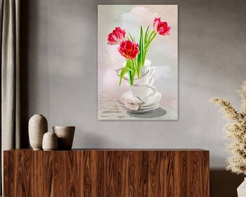 Stilleven ‘Tulpen in cappuccino-koppen’ van Willy Sengers