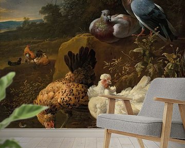 Hühner und Tauben in einer Landschaft, Melchior d'Hondecoeter