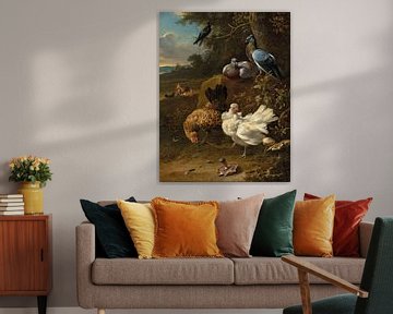 Kippen en duiven in een landschap, Melchior d'Hondecoeter