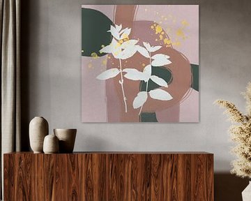Abstrakte botanische Kunst. Pflanzen, Pastell und goldene Formen in rosa Grün von Dina Dankers