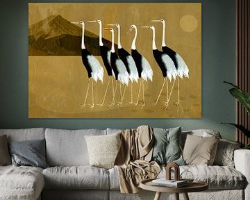Japanse kraanvogels in landschap op okergeel van Mad Dog Art
