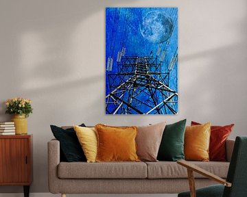 Hoogspanningsmast met volle maan in blauw gemengde techniek van Werner Lehmann