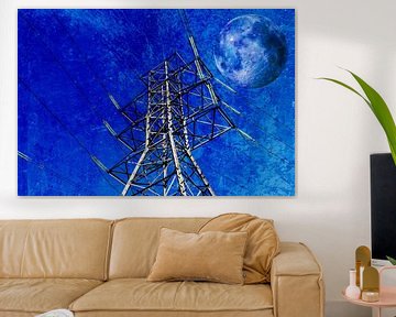 Hoogspanningsmast en volle maan in blauw gemengde techniek van Werner Lehmann
