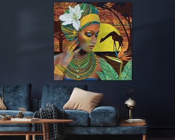 Afrikanische Frau mit Paradiesvogelblume und Giraffe. Gemischte Medien