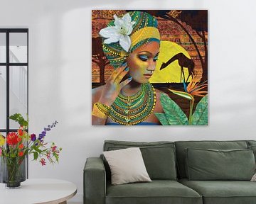 Afrikaanse vrouw met Paradijsvogelbloem en giraf. Mixed Media