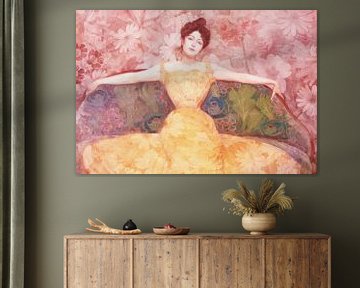 Dame in gele jurk omringd met bloemen, naar het werk van Max Kurzweil van MadameRuiz