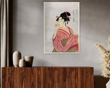 Een traditionele jonge Japanse vrouw blaast een glazen pijp. Ukiyo-e van Dina Dankers