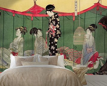 Japanse vrouwen in een klamboetent die hun borsten ontbloten. Ukiyo-e van Dina Dankers