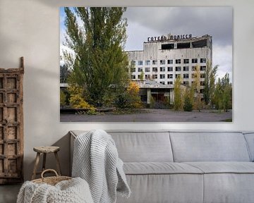Het hotel van spookstad Pripyat bij Chernobyl