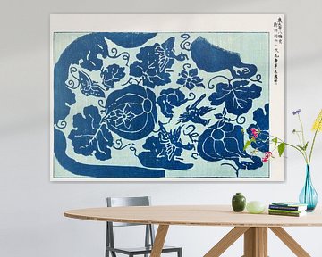 Impression botanique japonaise vintage sur bois en bleu et bleu clair sur Dina Dankers