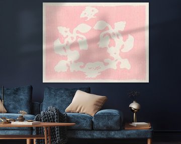 Japanse vintage botanische houtsnede in roze en wit. van Dina Dankers
