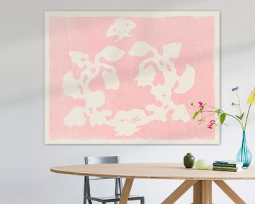 Japanse vintage botanische houtsnede in roze en wit. van Dina Dankers
