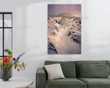 Berg met sneeuw - paarse gloeWinterlandschap in de duinen van Nederlan van Jolanda Aalbers