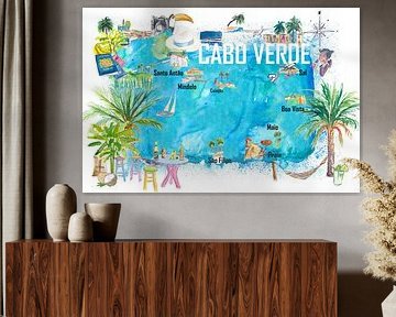 Cabo Verde geïllustreerde eiland reiskaart met toeristische hoogtepunten