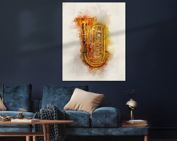 Tuba in Colorful Watercolor - Shiny Golden Brass Musical Instrument by Andreea Eva Herczegh