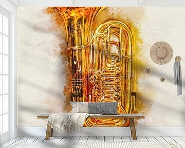 Tuba in Kleurrijke Aquarel - Glimmend Gouden Messing Muziekinstrument van Andreea Eva Herczegh