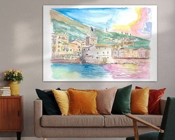 Rapallo beach promenade with harbor castle and sun reflections