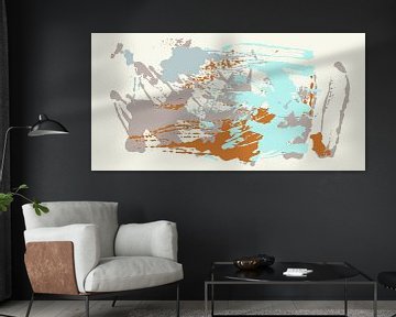 Abstract painting in turquoise, blue, orange  and off white by Dina Dankers