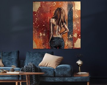 Woman with bare back - artwork in warm orange greige and gou brown pewter