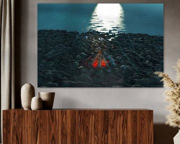 Campfire glow on beach in front of moonlight by Besa Art