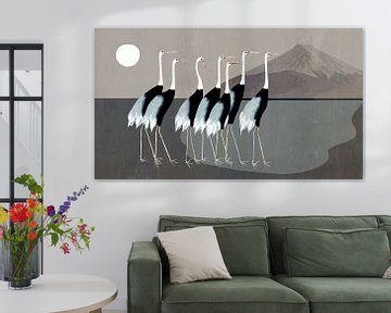 Japan cranes on gray by Mad Dog Art