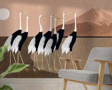 Japanse kraanvogels op warm beige bruin van Mad Dog Art