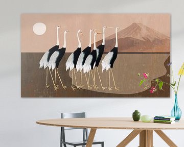 Japanse kraanvogels op warm beige bruin van Mad Dog Art
