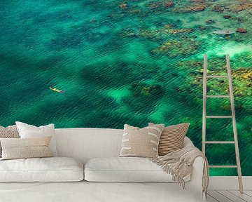 Swimmer in turquoise green sea in the Caribbean Sea by Dieter Walther