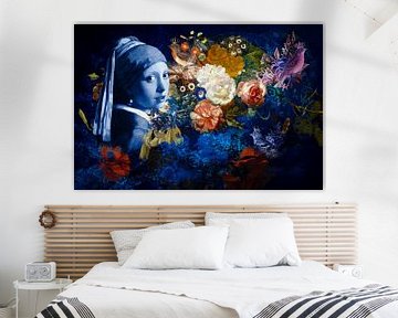 Delft blue Girl with pearl earring in collage of flowers