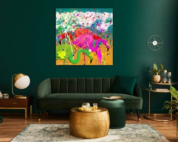 Gekleurde Flamingo’s en spetters van Nicky - digital mixed media art