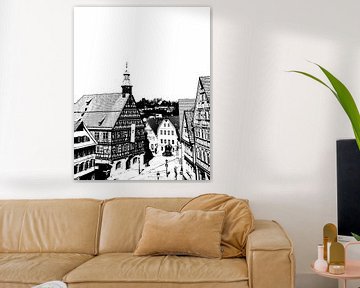 het marktplein met het stadhuis in Backnang zwart-wit van Werner Lehmann