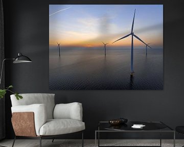 Windmolens in een offshore windpark tijdens zonsondergang van Sjoerd van der Wal Fotografie