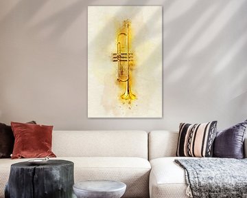 Trompet in Levendige Waterverf - Glimmend Gouden Messing Muziekinstrum van Andreea Eva Herczegh