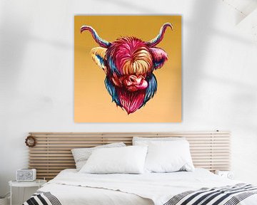 Highland koe Pop Art op okergeel van Mad Dog Art