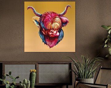 Highland koe Pop Art op okergeel van Mad Dog Art