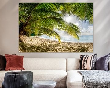 Strand met palmbomen op het Caribische eiland Barbados. van Voss Fine Art Fotografie