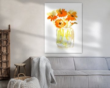 Goudsbloemen in glazen pot van Atelier BIS