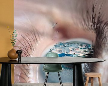 Surrealist Image Manipulation of An Eye with Port Landscape - Unique Wall Decoration by Elianne van Turennout