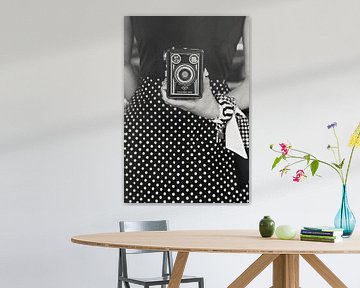 Woman in polkadot dress with vintage box camera by ArtStudioMonique