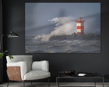 Storm on the coast at the lighthouse in Scheveningen