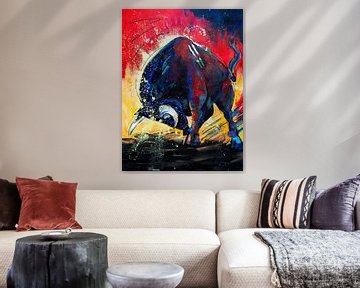 Kleurrijk schilderij van een Stier van Els Schat-Grooters