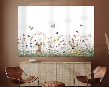 Hare and deer in a field with flowers, butterflies and birds by Mrdododesign