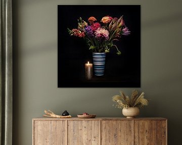 Nature morte d'un bouquet de fleurs avec bougie sur fond noir sur Chihong