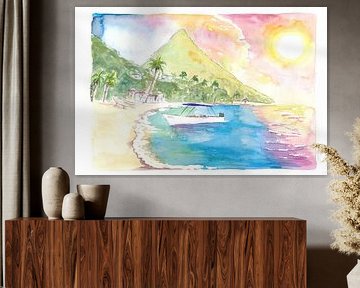 St. Lucia sunset and amazing Piton beach scene
